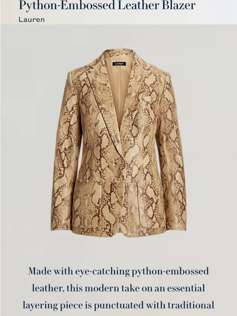 Authentic Lauren Ralph Lauren Python-Embossed Leather Neutral Snake-Print Blazer - Picture 13 of 15